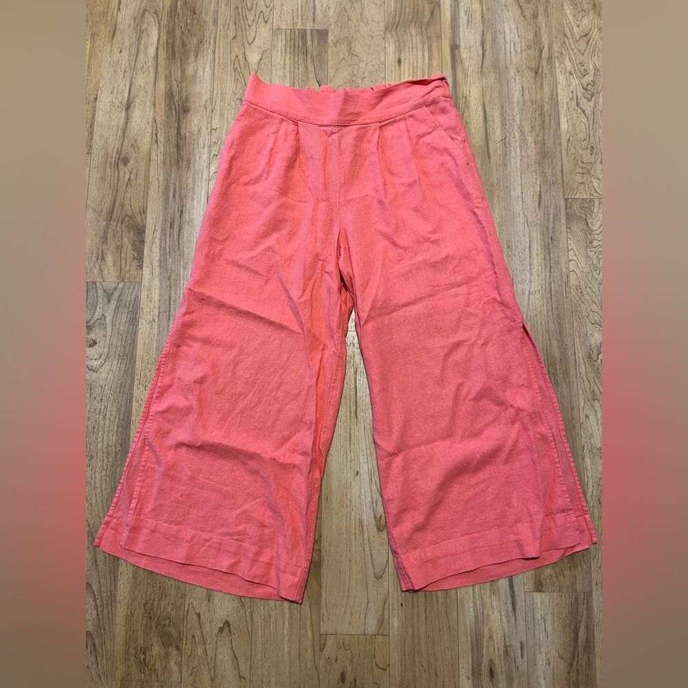 ELLEN TRACY Size M Womens Pink Salmon Linen Blend Stretch Waist Paper Bag Pants